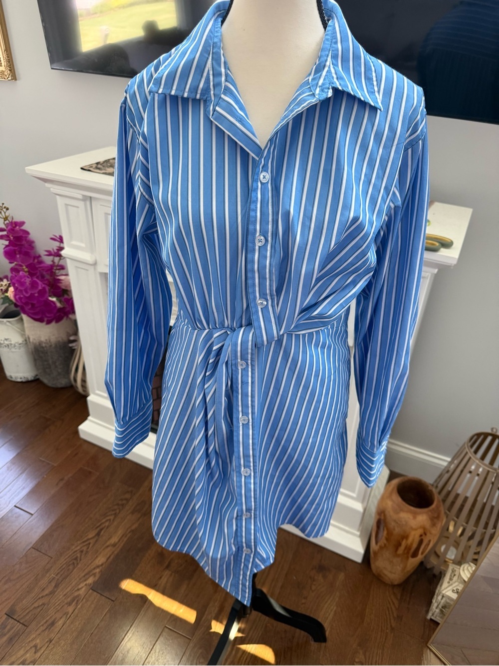 Steve Madden Blue and White Striped Long Sleeve Shirt Dress Size Medium see note